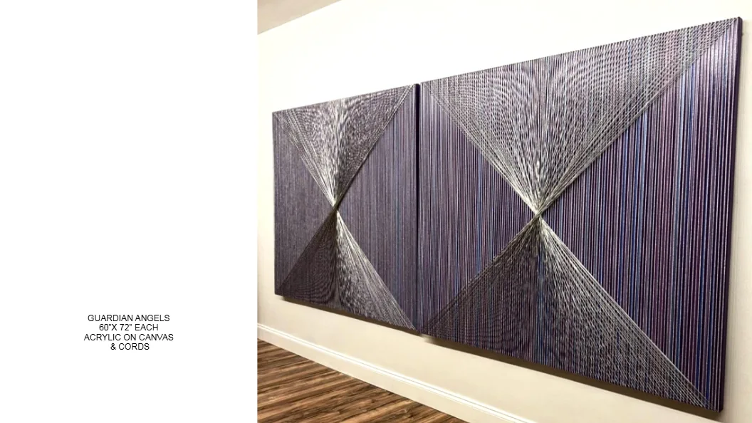 Guardian Angels — 60x72 inch each, kinetic string art by Alessandra Meskita, acrylic on canvas and cords
