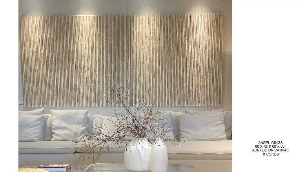 Angel Wings — 68x72 and 60x60 inch kinetic string art by Alessandra Meskita, acrylic on canvas and cords