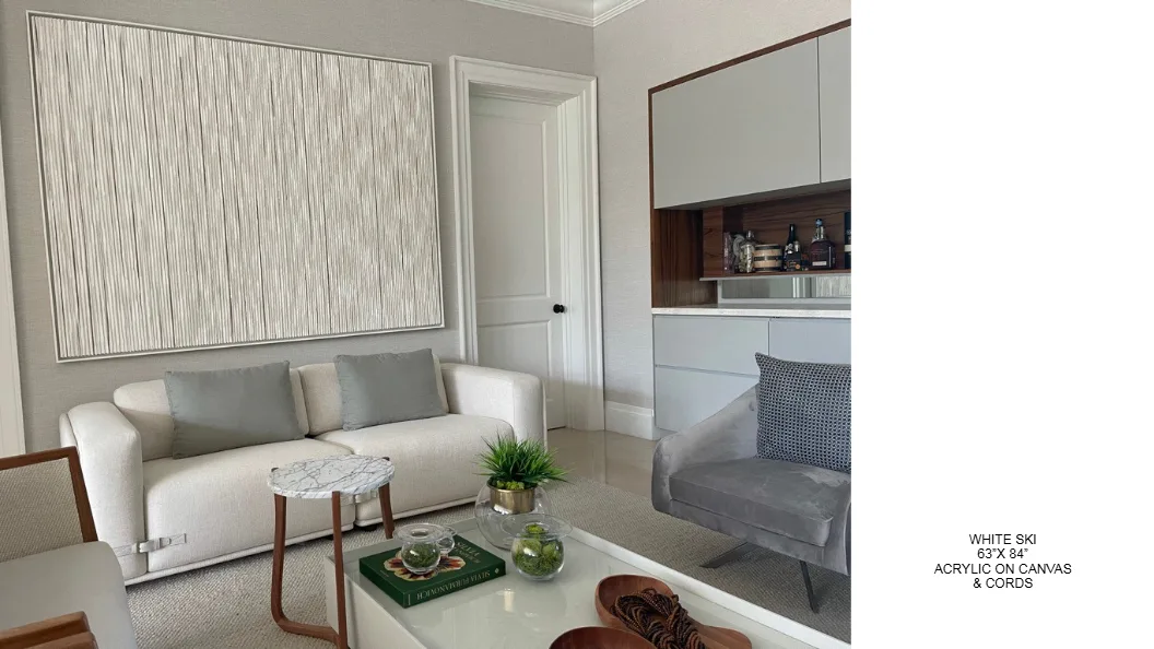 White Ski — 63x84 inch kinetic string art by Alessandra Meskita, acrylic on canvas and cords