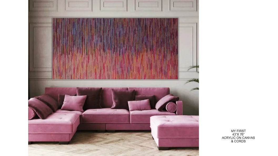My First — 43x76 inch kinetic string art by Alessandra Meskita, acrylic on canvas and cords