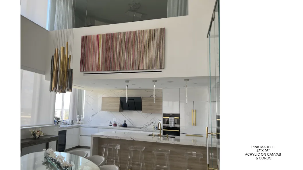 Pink Marble — 42x96 inch kinetic string art by Alessandra Meskita, acrylic on canvas and cords