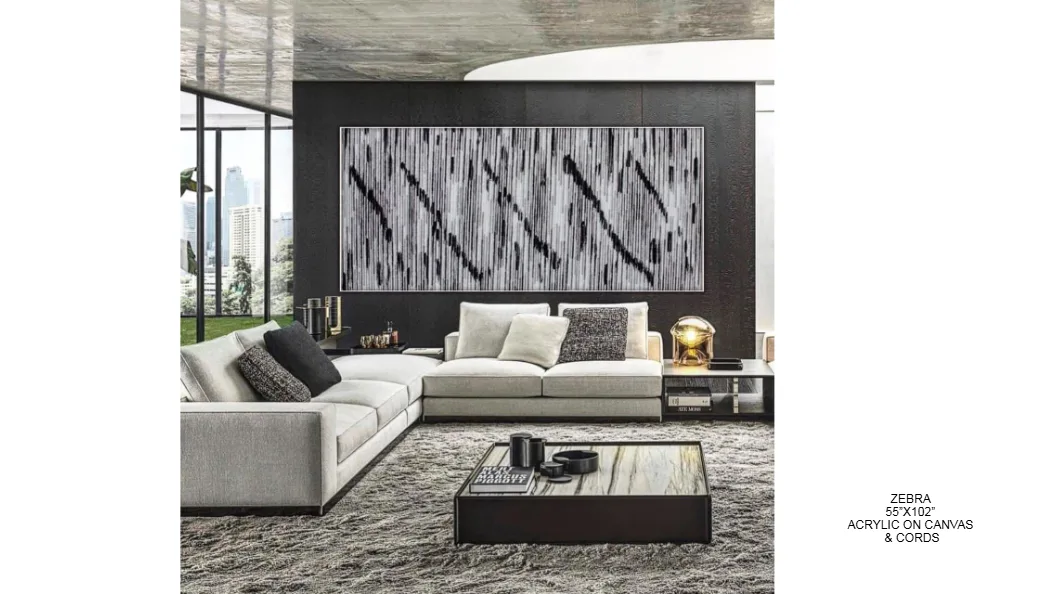 Zebra — 55x102 inch kinetic string art by Alessandra Meskita, acrylic on canvas and cords