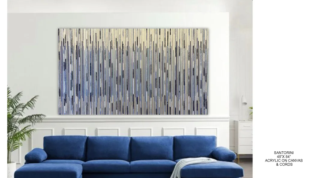 Santorini — 48x84 inch kinetic string art by Alessandra Meskita, acrylic on canvas and cords