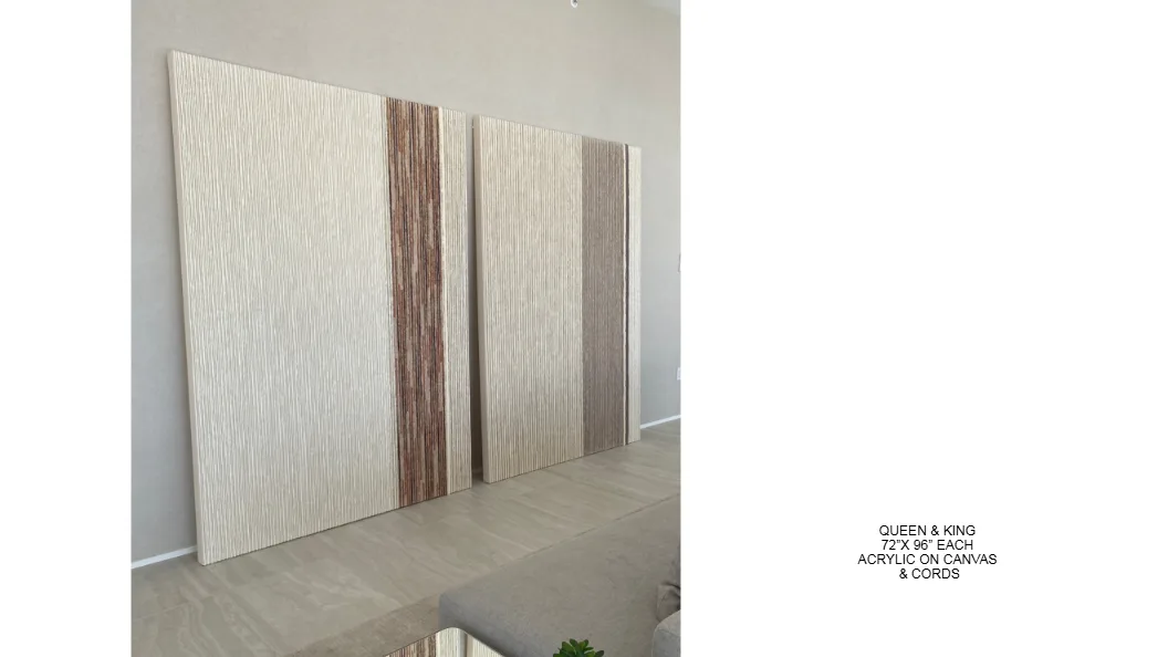 Queen and King — 72x96 inch each, kinetic string art by Alessandra Meskita, acrylic on canvas and cords