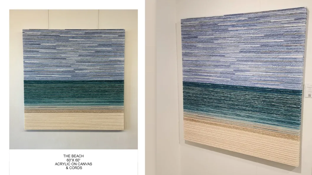 The Beach — 60x60 inch kinetic string art by Alessandra Meskita, acrylic on canvas and cords