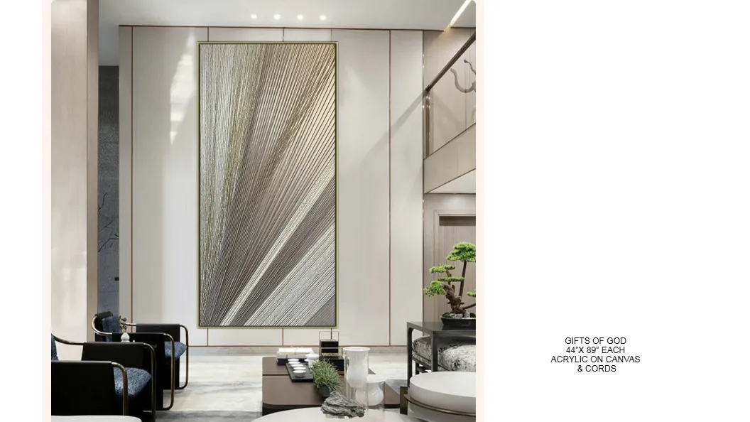 Gifts of God — 44x89 inch each, kinetic string art by Alessandra Meskita, acrylic on canvas and cords