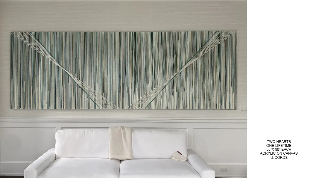 Two Hearts One Lifetime — 55x80 inch each, kinetic string art by Alessandra Meskita, acrylic on canvas and cords